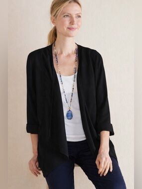 Soft Surroundings Black Linen Viscose Draped Cardigan XL Lightweight Open Front